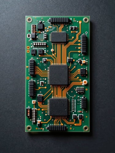 Overhead technical schematic layout of an automotive printed circuit board, high-contrast studio lighting with cool-toned ambient shadows and warm orange indicator lines tracing ECU pathways.