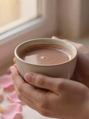 Tactile close-up of hands holding a warm ceramic cup of ceremonial cacao surrounded by soft pink petals, warm golden window light, shallow depth of field
