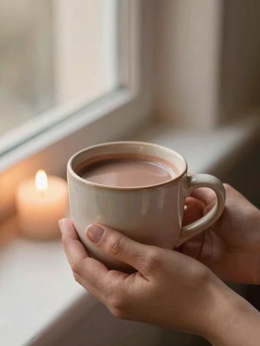 Soft-focus detail of a warm ceramic mug of ceremonial cacao held in gentle hands, glowing candle in the background, soft golden-hour window light, warm muted earth tones, 35mm photography