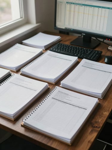 Wide desk-level view of an organized office workspace, neatly arranged accounting ledgers and printed documents on a dark wood desk, a monitor showing spreadsheet data in the background, natural window daylight from the left side, no people visible, muted earth tones
