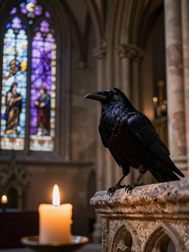 Extreme close-up from the right edge, a solitary black raven perched on a weathered stone ledge inside a vaulted gothic cathedral, single candle flame glowing amber in the near-black foreground, violet stained-glass light spilling from high left, deep shadow consuming the background, painterly sidelighting, no human figures