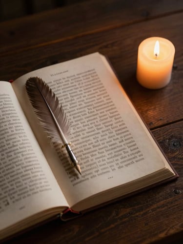 Overhead close shot of an open illuminated manuscript on a dark wooden table, single candle flame casting warm sidelight from the upper right, quill pen resting across the page, deep shadows framing the edges, contemplative and solemnly cinematic