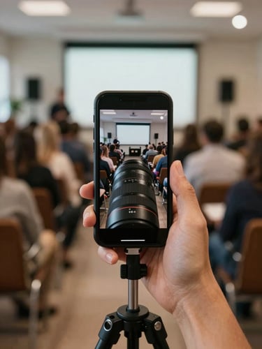 First-person perspective of a professional recording social media video on a mobile device in an active, beautifully lit event space, 35mm lens