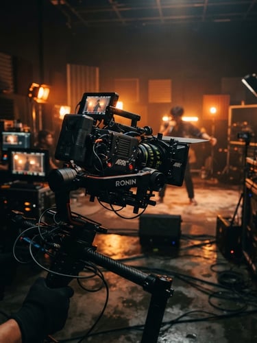 Dynamic low-angle shot of a high-end cinema camera on a motorized gimbal, warm backlights casting a vibrant orange glow in a dark Jakarta production studio, cinematic 35mm