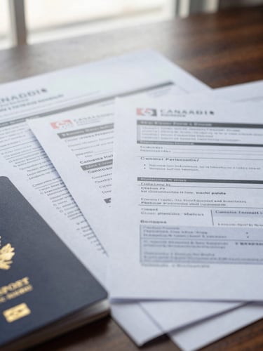 Close-up macro shot of organized financial files, Canadian visa application forms, and a passport on a dark wooden desk under soft natural window light.