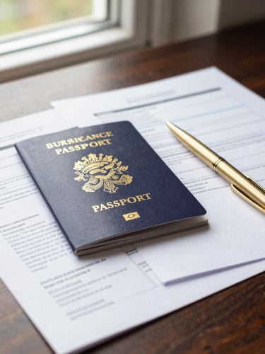 A close-up macro shot of organized UK visa application papers, a British passport, and a gold pen on a dark oak desk, bright natural daylight from a side window, sharp focus.