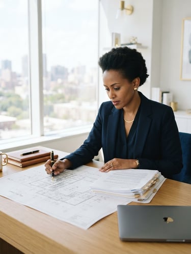 A focused Ethiopian professional reviewing architectural blueprints and legal documents near a bright window, clean desk, gold accents, professional consulting environment.
