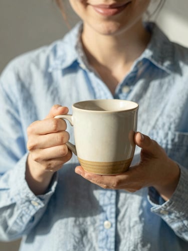 A person smiling in bright natural morning sunlight, holding a warm ceramic mug, soft shadows, cozy linen shirt, 35mm photography