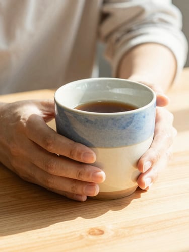 Close-up of hands holding a warm ceramic mug on a light wooden table, soft morning sunlight, natural linen texture, 35mm