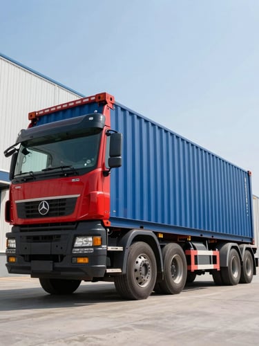 Low-angle heroic shot of a heavy-duty container truck parked at a modern industrial loading dock, high contrast blue and red tones, clear daylight