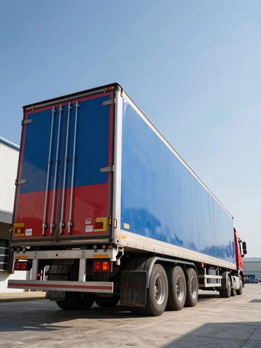 Low-angle heroic shot of a massive 40ft blue and red trailer truck parked at an industrial loading dock under sharp morning light.