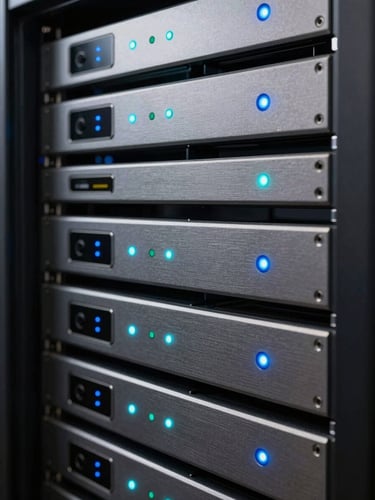 Clean, organized server rack with glowing blue and cyan indicator lights, brushed metal finish, sharp focus on components, cool ambient lighting, macro shot.
