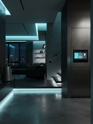 Wide architectural interior with subtle smart home technology integrated, low-key ambient lighting with cool blue accents, sleek minimalist design, sharp focus on integrated elements, 35mm lens.