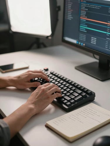Medium environmental shot of a creator's hands resting on a mechanical keyboard at a clean desk, an open notebook with handwritten notes beside it, soft studio strobe light from above-left casting clean shadows, analytics dashboard visible on a monitor in the background, slightly out of focus