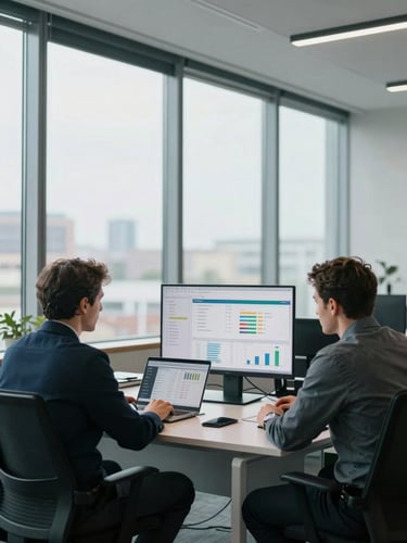 Medium environmental shot, left-to-right light from large office windows, two brand managers seated at a wide desk reviewing campaign analytics on a large monitor, laptops open with dashboard data visible, clean modern office background, cool daylight, no smiles — focused and in-progress