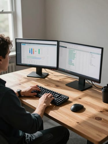 Wide environmental shot, medium framing — a creator seated at a large wooden desk in a clean studio, hands resting on a mechanical keyboard, two monitors displaying analytics dashboards, natural daylight from a side window casting structured shadows across the desk surface, no eye contact with camera, focus on the workspace context