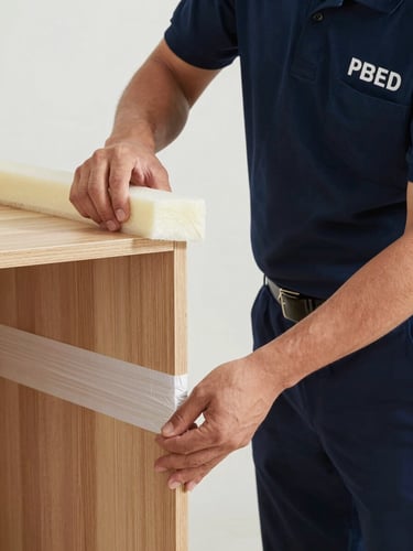 Close-up shot of professional movers in clean navy blue uniforms wrapping a wooden cabinet corner with high-density foam edge guards and secure stretch wrap, bright daylight, sharp focus on hands.