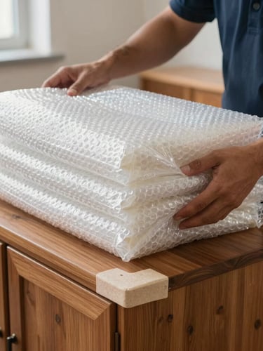Close-up shot of a uniformed packing specialist applying thick multi-layer bubble wrap and heavy-duty edge guards to a polished wooden cabinet, bright natural light.