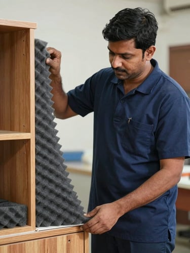 Medium shot of a professional Indian packing specialist in a clean navy uniform carefully wrapping a wooden cabinet corner with thick protective foam, bright daylight, focused action.