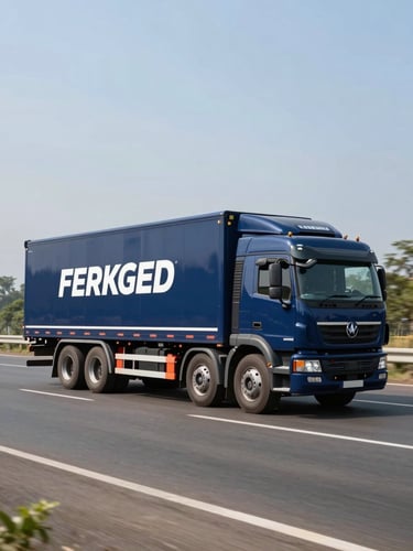 Branded modern transport truck driving on a clean multi-lane highway in India, sharp daylight, side profile showing corporate navy blue livery, professional logistics operations.