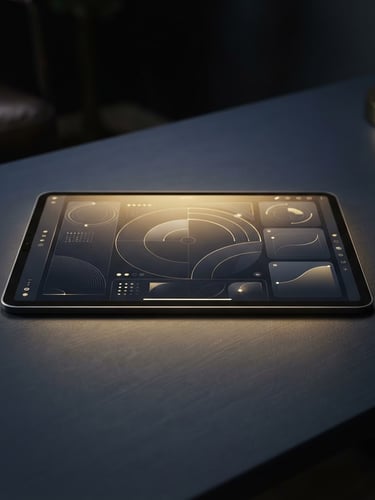 Wide shot of a sleek, minimalist digital guide mockup on a modern tablet, glowing with subtle gold light, on a dark navy desk. Sharp focus, low-key studio lighting.