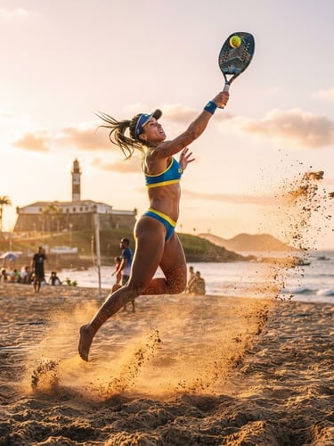 Low-angle dynamic action shot of a beach tennis player hitting a smash, golden hour sunlight backlighting the sand spray, Salvador coastline in the background, 35mm photography