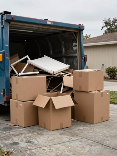 Close environmental shot of a mid-cleanout garage scene in Pasadena, cardboard boxes and broken furniture stacked beside an open roll-off dumpster in the driveway, overcast natural daylight, weathered concrete floor visible, no people posed — just the job in progress