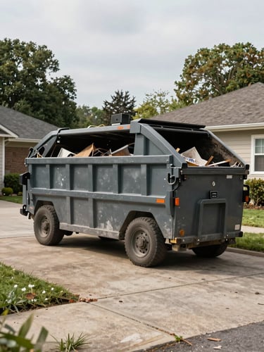 Wide environmental shot of a roll-off dumpster parked in a residential driveway, mid-cleanout with debris visible inside, overcast natural daylight, concrete and weathered surfaces in foreground