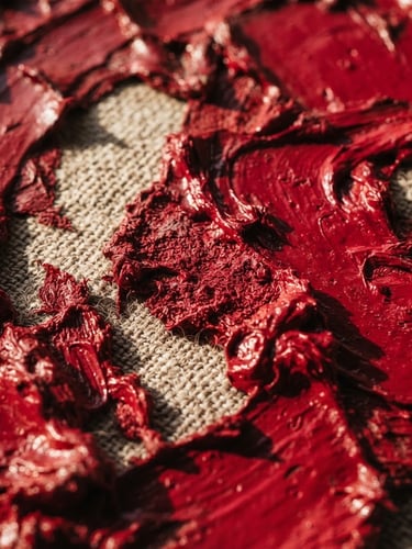 Extreme macro close-up of thick, physical crimson oil paint texture on raw linen canvas, dramatic side lighting, high contrast shadows, editorial art photography