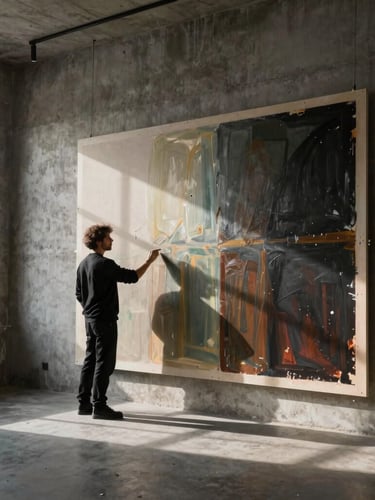 Artist in black attire working in a high-ceiling brutalist concrete studio, large-format canvas on the wall, dramatic natural side light from a high window, dark shadows