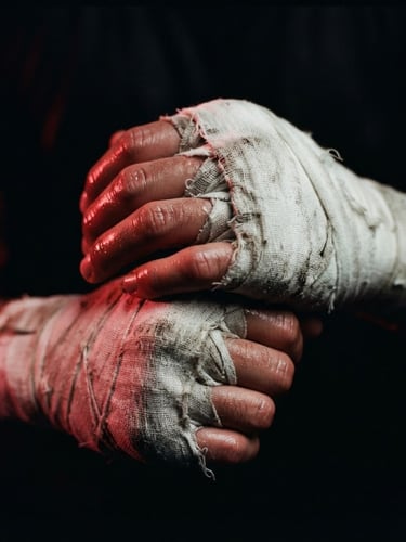 Tight close-up of hands wrapped in white cotton wraps, sweat-glistening skin, dark background with dramatic crimson side-lighting, gritty athletic photography, 35mm film