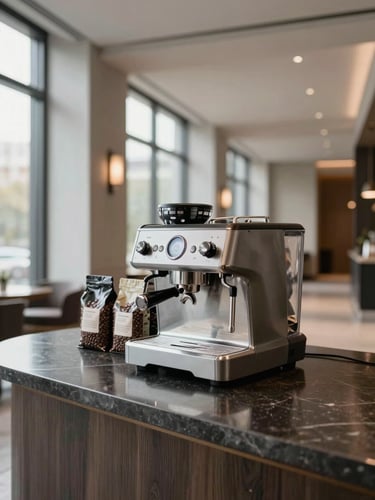Wide shot of a sleek institutional espresso machine on a polished dark counter in an empty hotel lobby corridor, soft diffused morning light from tall windows to the left, bags of coffee beans stacked neatly to one side, clean architectural lines
