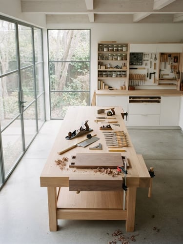Vista aérea de un taller de carpintería de alta gama, herramientas de precisión sobre una mesa de trabajo de madera, luz natural suave entrando por grandes ventanales, ambiente limpio y minimalista.