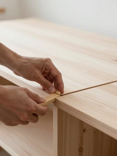 Primer plano de manos de un artesano experto ensamblando una pieza de mobiliario de madera con herramientas tradicionales, enfocado en el detalle de la unión, luz suave lateral, ambiente de taller limpio.