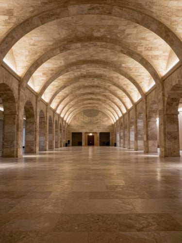 Full-bleed interior of a vast architectural atrium captured from within, equirectangular spatial geometry visible in the ceiling arches, warm ambient light pooling across polished stone floors, shot from the center of the room looking upward and outward, no people