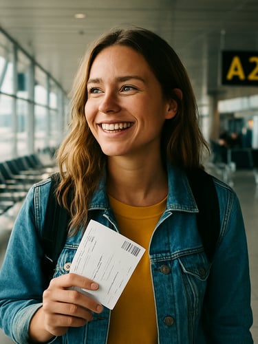 Bright editorial travel photography, natural daylight, eye-level candid shot of a traveler holding a boarding pass at a realistic airport terminal gate, 35mm film style