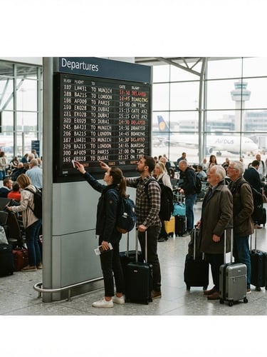 Eye-level candid shot of a realistic airport departures terminal with travelers looking at the scheduling board, natural daylight, 35mm film style.