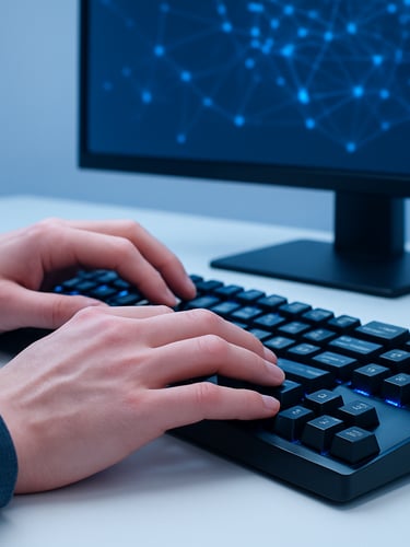 Macro close-up of hands typing code on a mechanical keyboard, glowing digital nodes on a screen in the background, crisp studio lighting, cool blue accents, 35mm