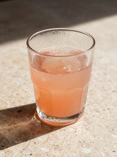 Tight macro shot of a shakerato glass with heavy condensation, harsh Mediterranean sunlight casting deep graphic shadows on travertine stone, warm peach tones, 35mm film