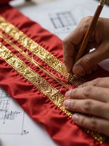 An extreme close-up of hands working zardozi embroidery on heavy crimson silk, gold metallic threads reflecting dramatic side light, architectural boutique blueprints resting on the worktable nearby.