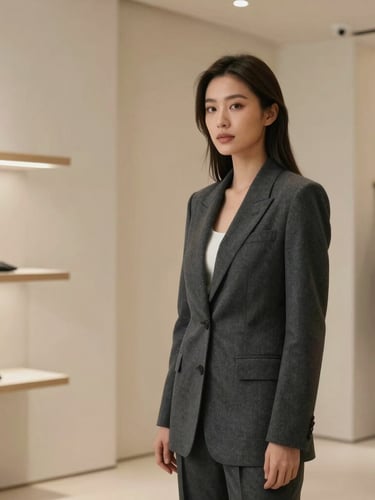 Elegant environmental portrait of a successful female fashion founder in a structured charcoal blazer, standing inside her minimalist boutique, soft side lighting, architectural lines.