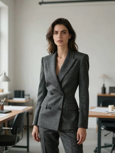 Portrait framing, elegant female founder in structured charcoal luxury wear standing confidently in a minimalist atelier, soft natural light.