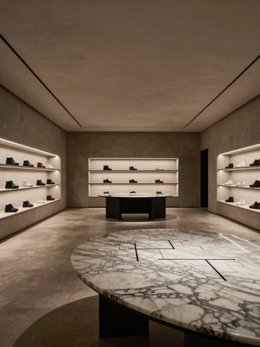 Wide cinematic view of a minimalist luxury boutique interior, high ceilings, architectural floor plans on a marble table, dramatic chiaroscuro side lighting.