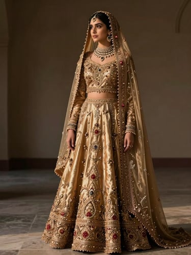 Portrait of a bride wearing a structured antique gold zardozi silk bridal gown, dramatic side lighting, minimalist architectural background