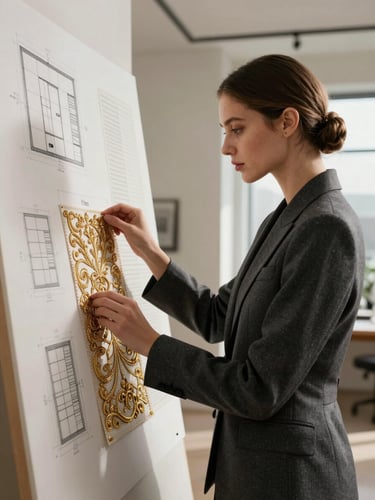 Dramatic side lighting on an elegant female fashion designer in a structured charcoal blazer, analyzing intricate gold zardozi embroidery swatches next to architectural boutique floor plans in a minimalist, high-ceilinged luxury atelier.