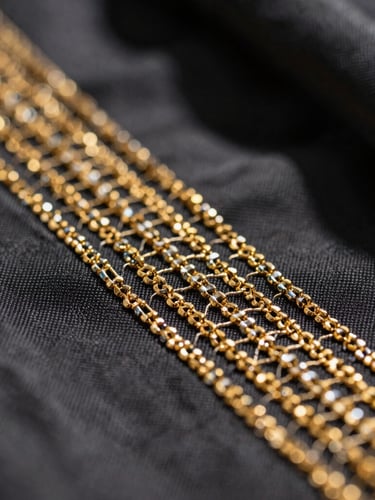 Extreme macro close-up of intricate hand-beading and gold thread embroidery on heavy silk fabric, shallow depth of field, dramatic dark shadows