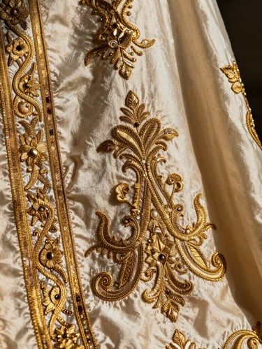 Portrait framing, extreme close-up of intricate antique gold zardozi embroidery on heavy ivory silk, dramatic chiaroscuro side lighting.