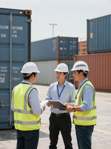 Medium shot of professional inspectors examining refrigerated shipping containers at a bustling Barcelona port, bright natural daylight, desaturated blues, warm terracotta accents, shallow depth of field.