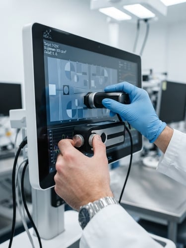 Close-up of a biomedical engineer using a digital calibration device on a high-tech medical monitor, bright clinical white lighting, sharp focus on hands and precise technical dials, clean sterile environment.