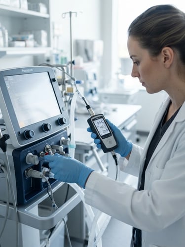 Close-up of a biomedical engineer in a bright clinical white environment using a precise digital calibration tool on a critical care ventilator, sharp focus, 50mm